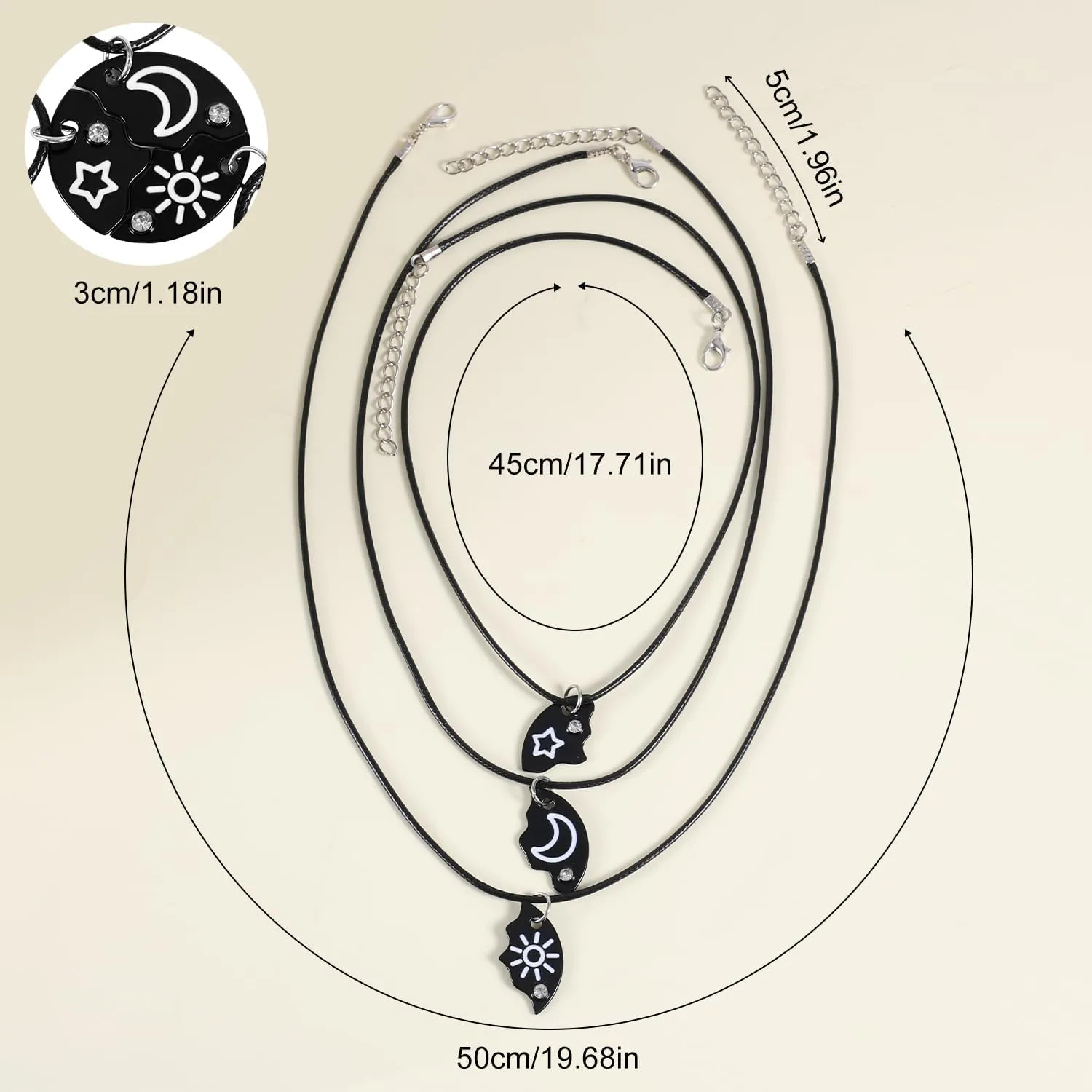 Trio Friendship Necklaces for 3, Engraved Sun Star Moon Pendant Necklaces Round Best Friends Forever Puzzle Matching Necklace with Rhinestone Jewelry Gifts for Women Sisters