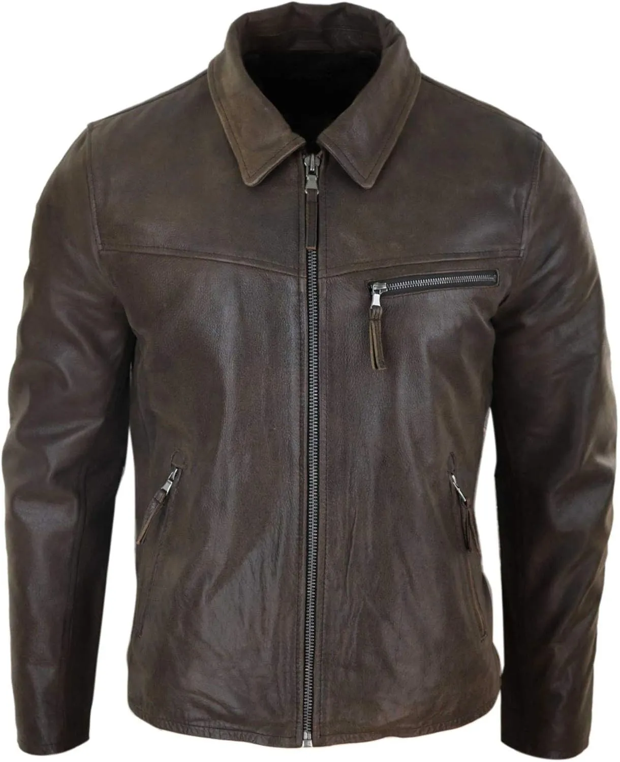 TruClothing Mens Classic Real Leather Soft Hide Zipped Collar Box Jacket Smart Casual Fit