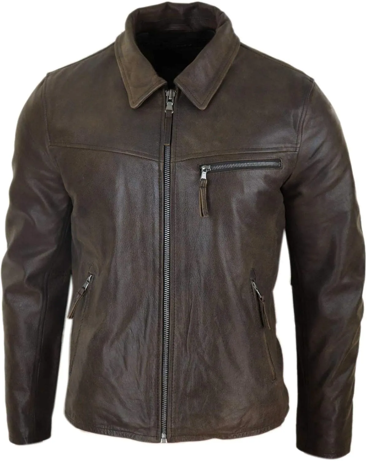 TruClothing Mens Classic Real Leather Soft Hide Zipped Collar Box Jacket Smart Casual Fit