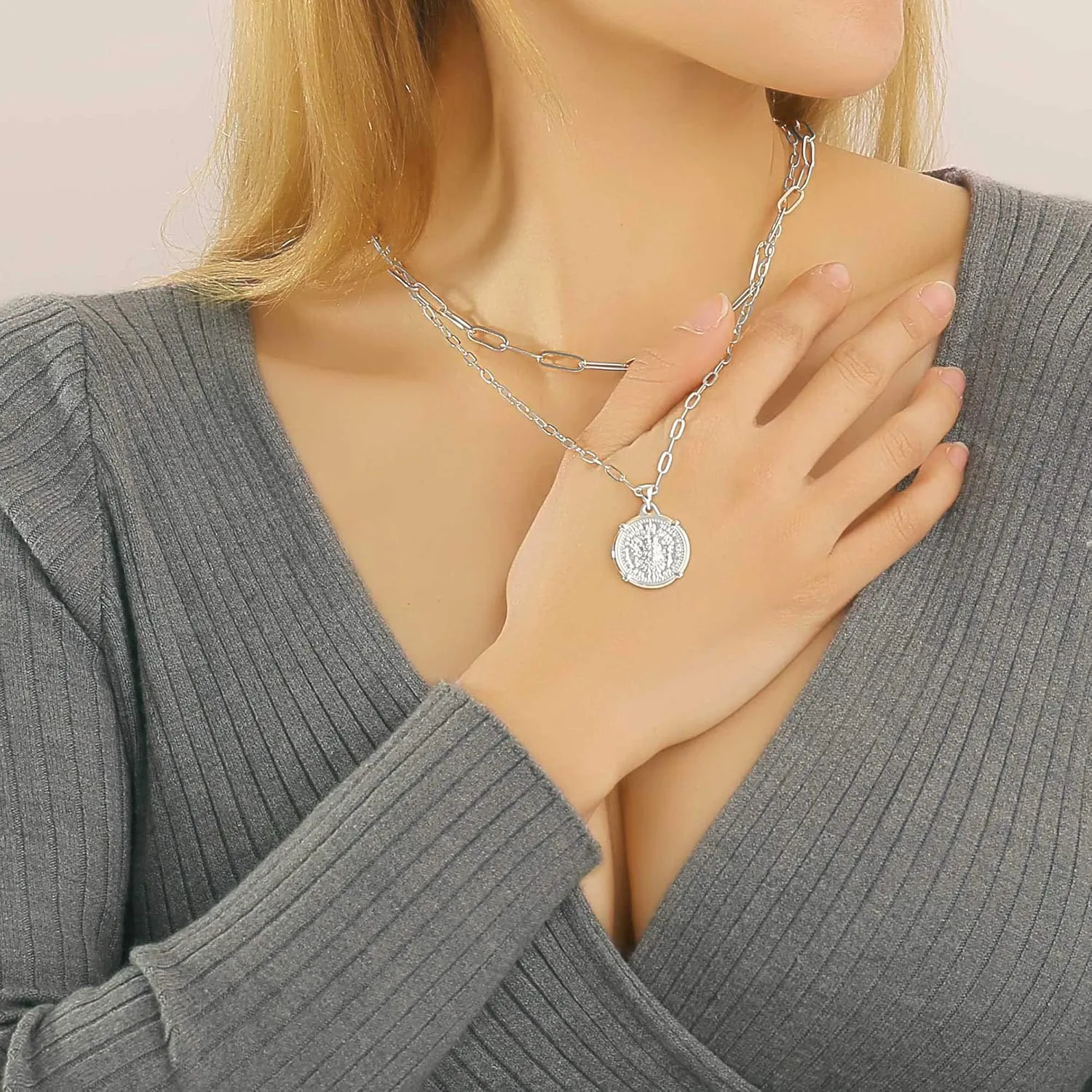 Turandoss Gold Necklaces for Women - 14K Gold Plated Lock Evil Eye Medallion Vintage Coin Necklace Bee Sun Moon Shell Gold Chain Necklace Layered Paperclip Chain Necklaces for Women Jewelry Gifts
