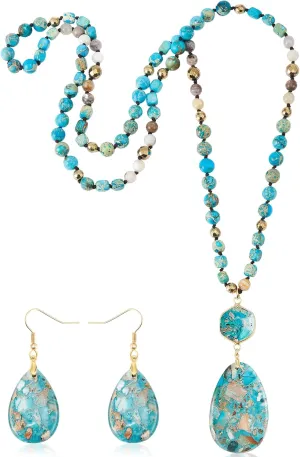 Turquoise Jewelry Set Turquoise Long Beaded Necklaces and Earrings for Women Boho Natural Stone Beaded Jewelry Bohemian Long Necklaces Handmade Vintage Oval Water Drop Earrings