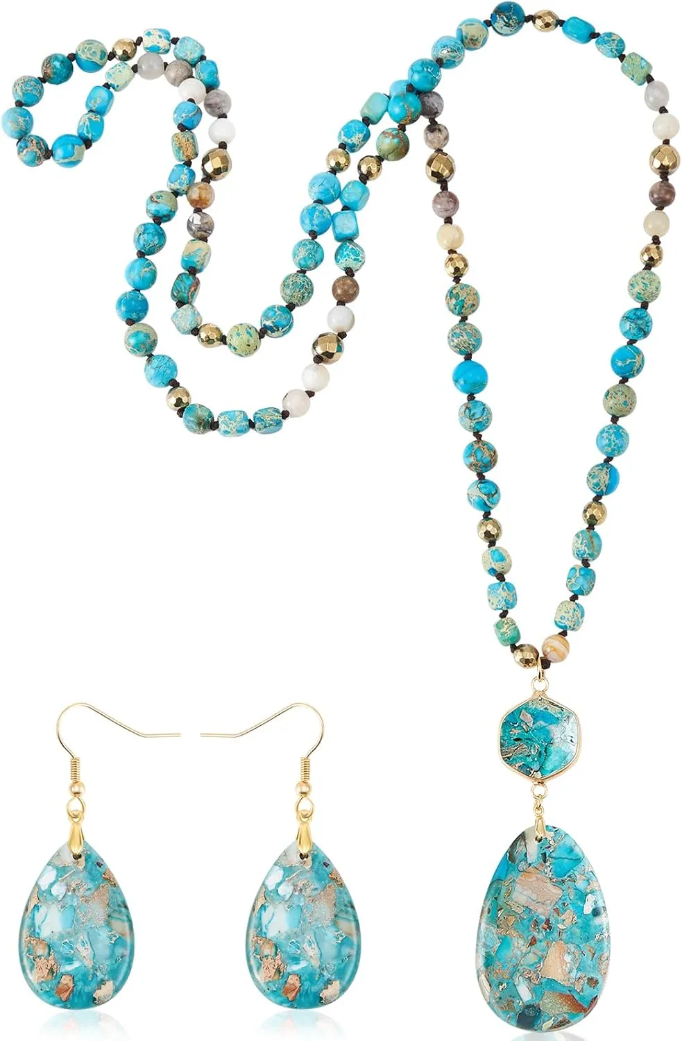 Turquoise Jewelry Set Turquoise Long Beaded Necklaces and Earrings for Women Boho Natural Stone Beaded Jewelry Bohemian Long Necklaces Handmade Vintage Oval Water Drop Earrings