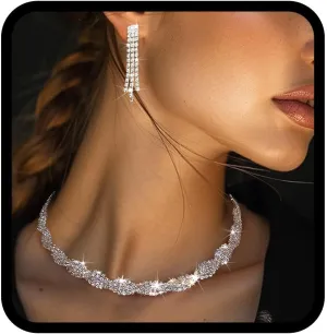 TWINKLEDE Rhinestone Jewelry Set Crystal Choker Necklace and Tassel Earrings for Prom Bridal Wedding Necklaces Sets