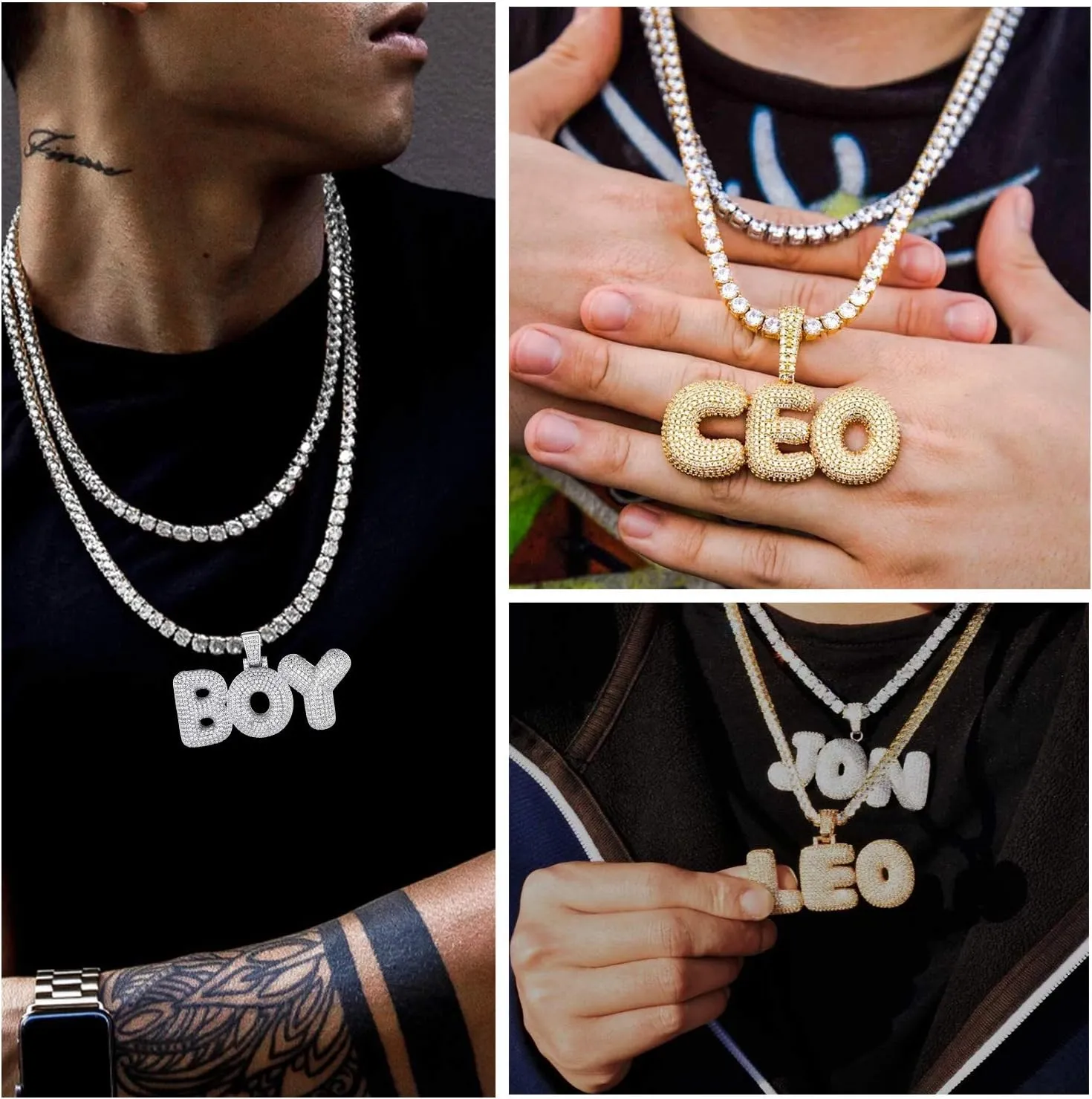 U7 Iced Out Pendant Mens Hip Hop Jewelry Platinum/18K Gold Plated Lab Diamond Bubble Letter Necklaces Custom Number Chain Intials Name Necklaces