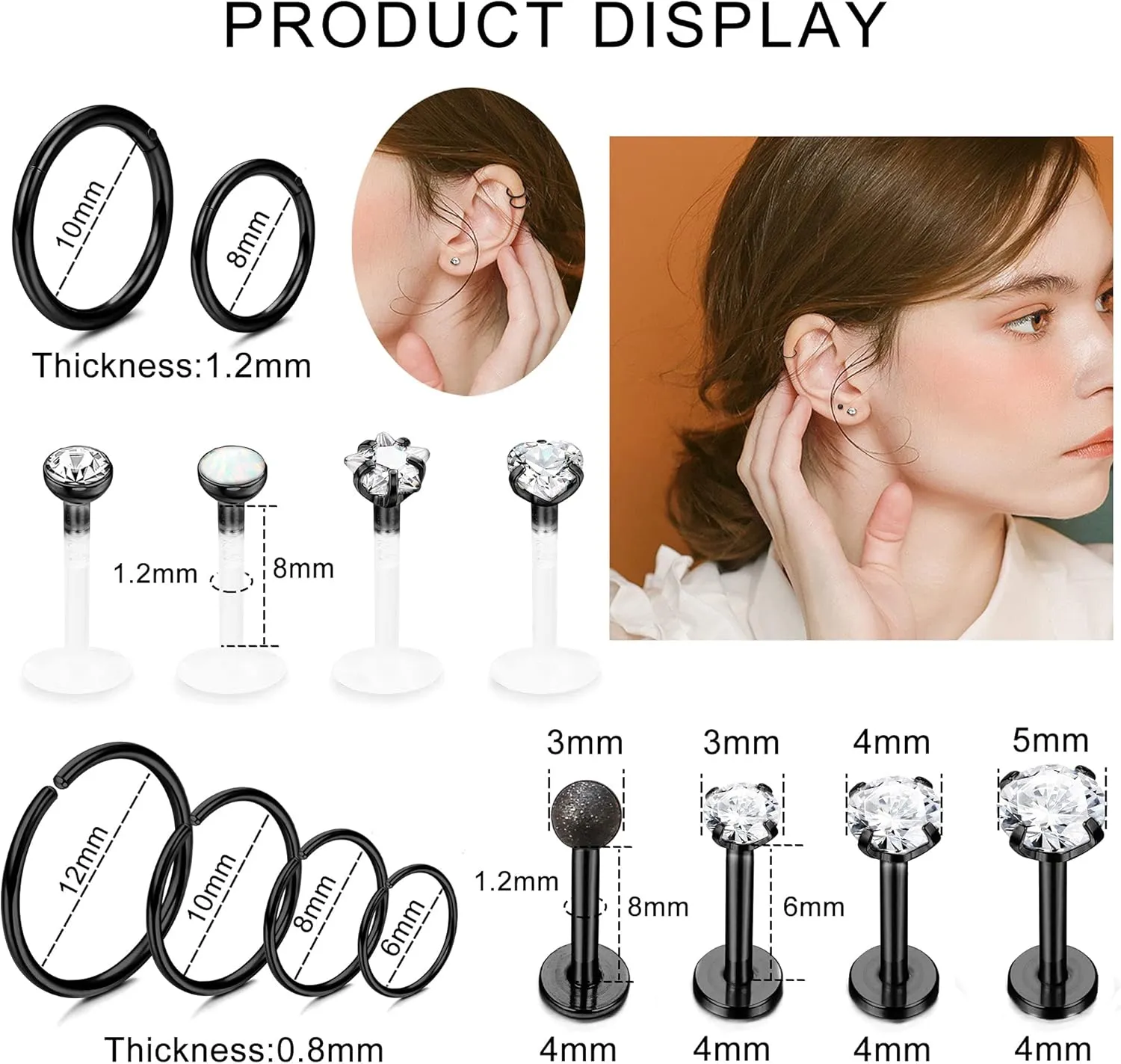 Ubjuliwa 27Pcs 16G Cartilage Earrings Stud Hoop for Women Stainless Steel Forward Helix Piercing Tragus Earrings Conch Piercing Jewelry