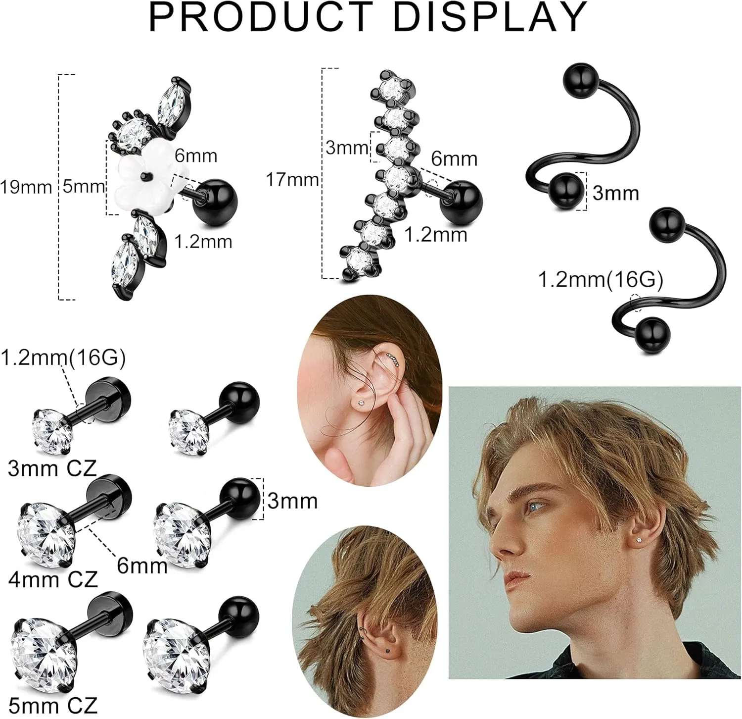 Ubjuliwa 27Pcs 16G Cartilage Earrings Stud Hoop for Women Stainless Steel Forward Helix Piercing Tragus Earrings Conch Piercing Jewelry