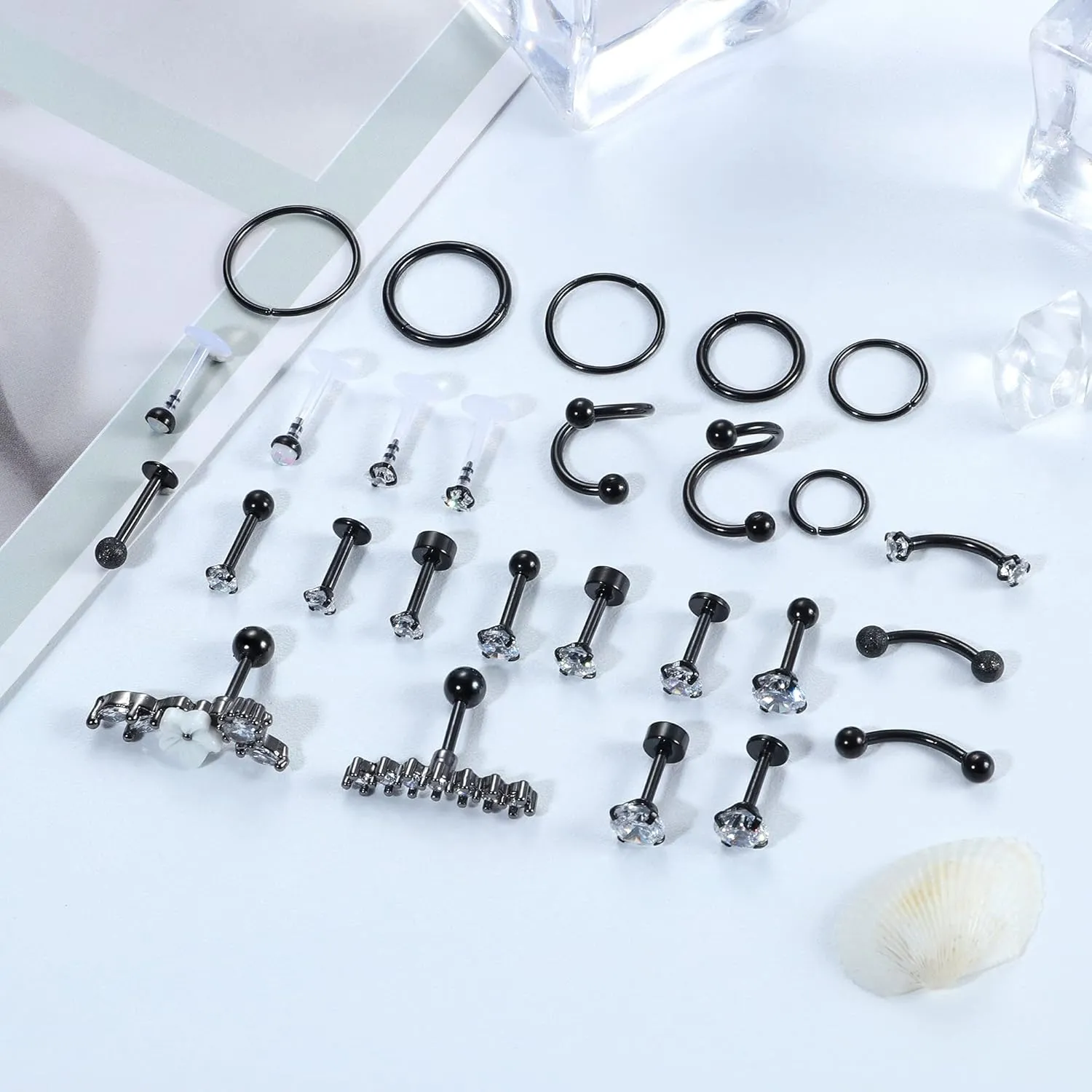 Ubjuliwa 27Pcs 16G Cartilage Earrings Stud Hoop for Women Stainless Steel Forward Helix Piercing Tragus Earrings Conch Piercing Jewelry