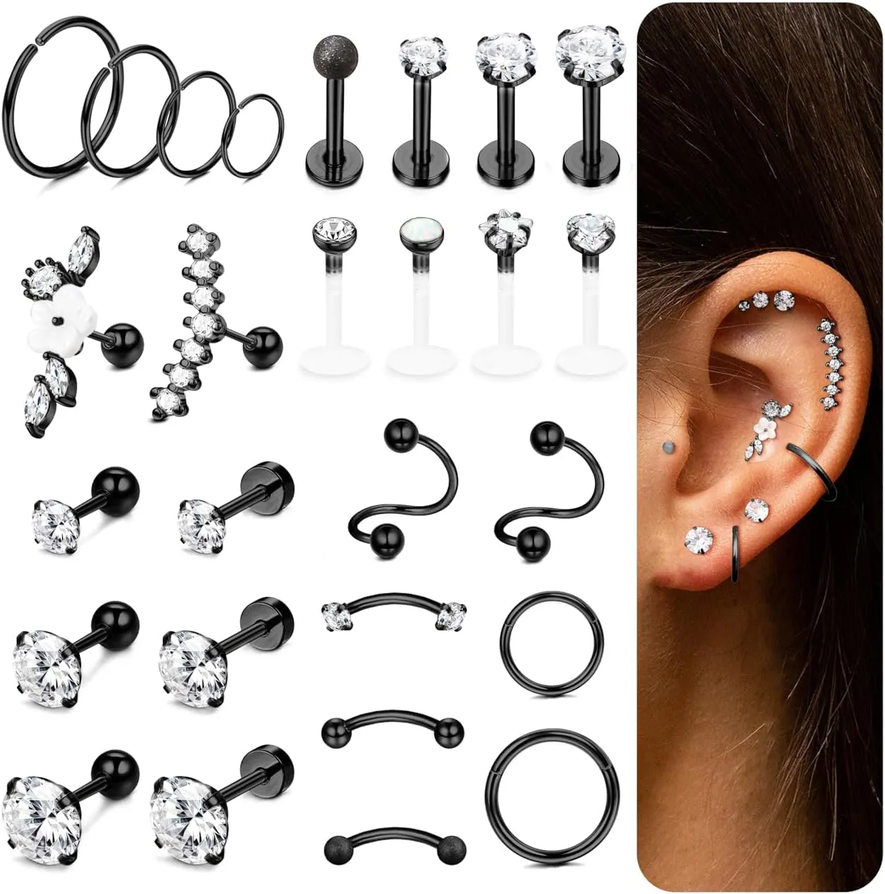 Ubjuliwa 27Pcs 16G Cartilage Earrings Stud Hoop for Women Stainless Steel Forward Helix Piercing Tragus Earrings Conch Piercing Jewelry