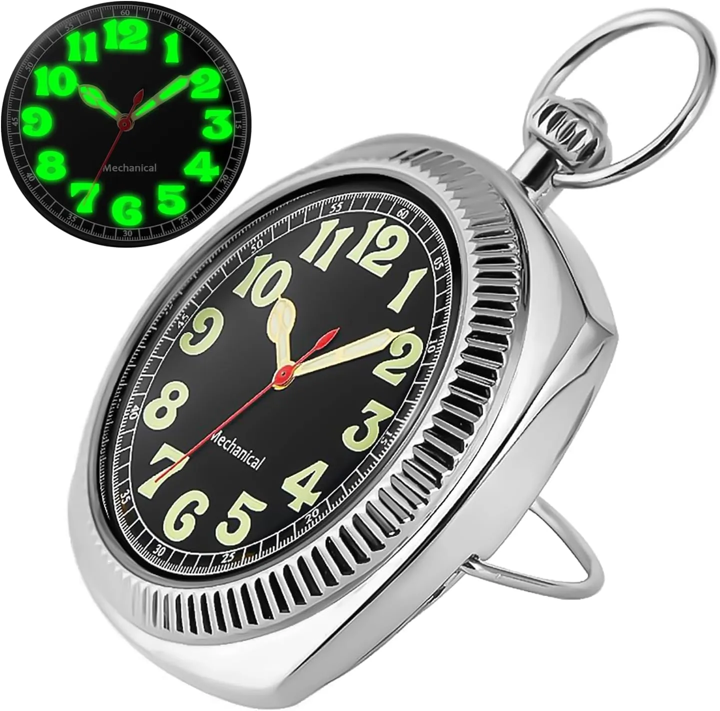 Uncovered Men's Mechanical Pocket Watch with Chain, Uncovered Roman Design Dial Chain Mechanical Pocket Watches for Men