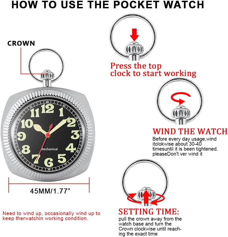 Uncovered Men's Mechanical Pocket Watch with Chain, Uncovered Roman Design Dial Chain Mechanical Pocket Watches for Men