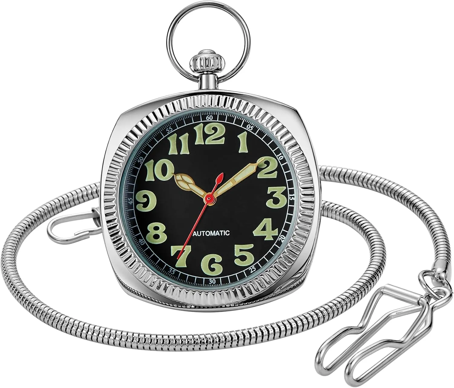 Uncovered Men's Mechanical Pocket Watch with Chain, Uncovered Roman Design Dial Chain Mechanical Pocket Watches for Men
