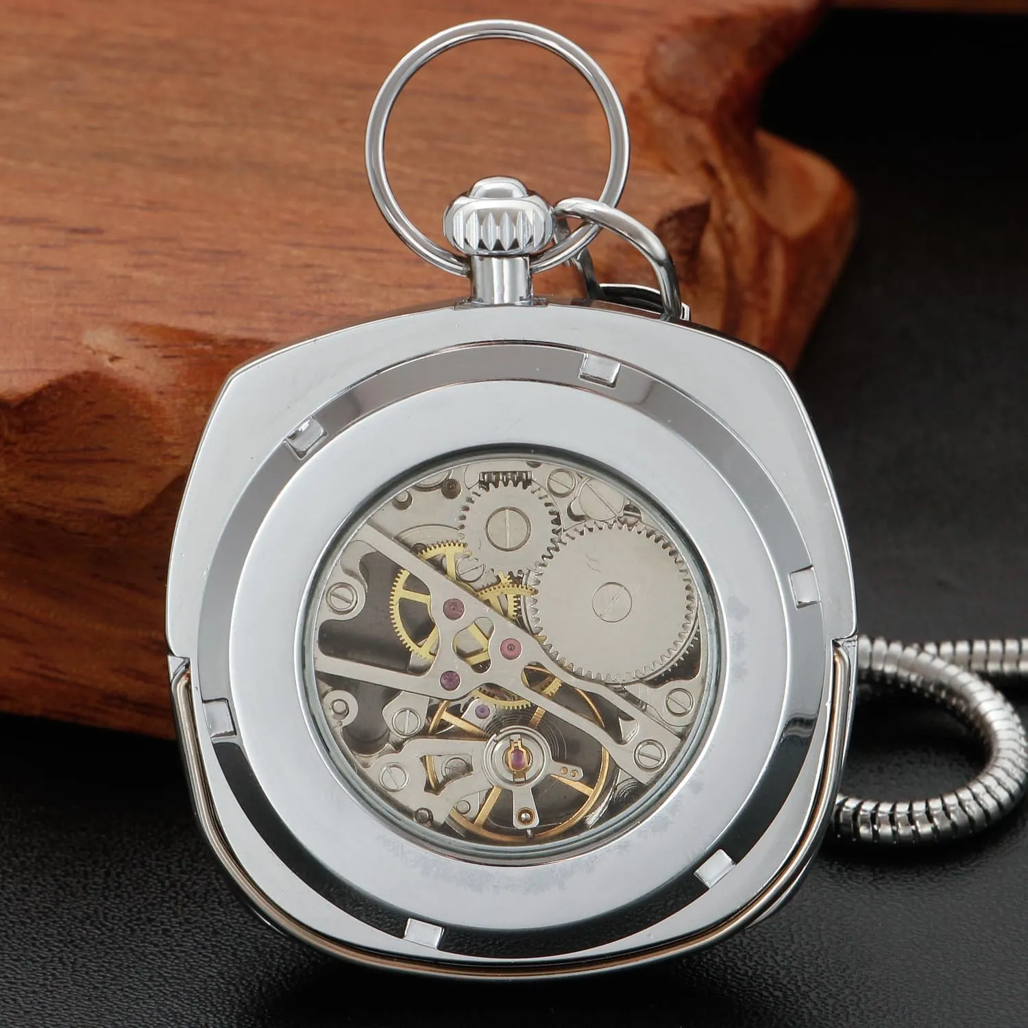 Uncovered Men's Mechanical Pocket Watch with Chain, Uncovered Roman Design Dial Chain Mechanical Pocket Watches for Men
