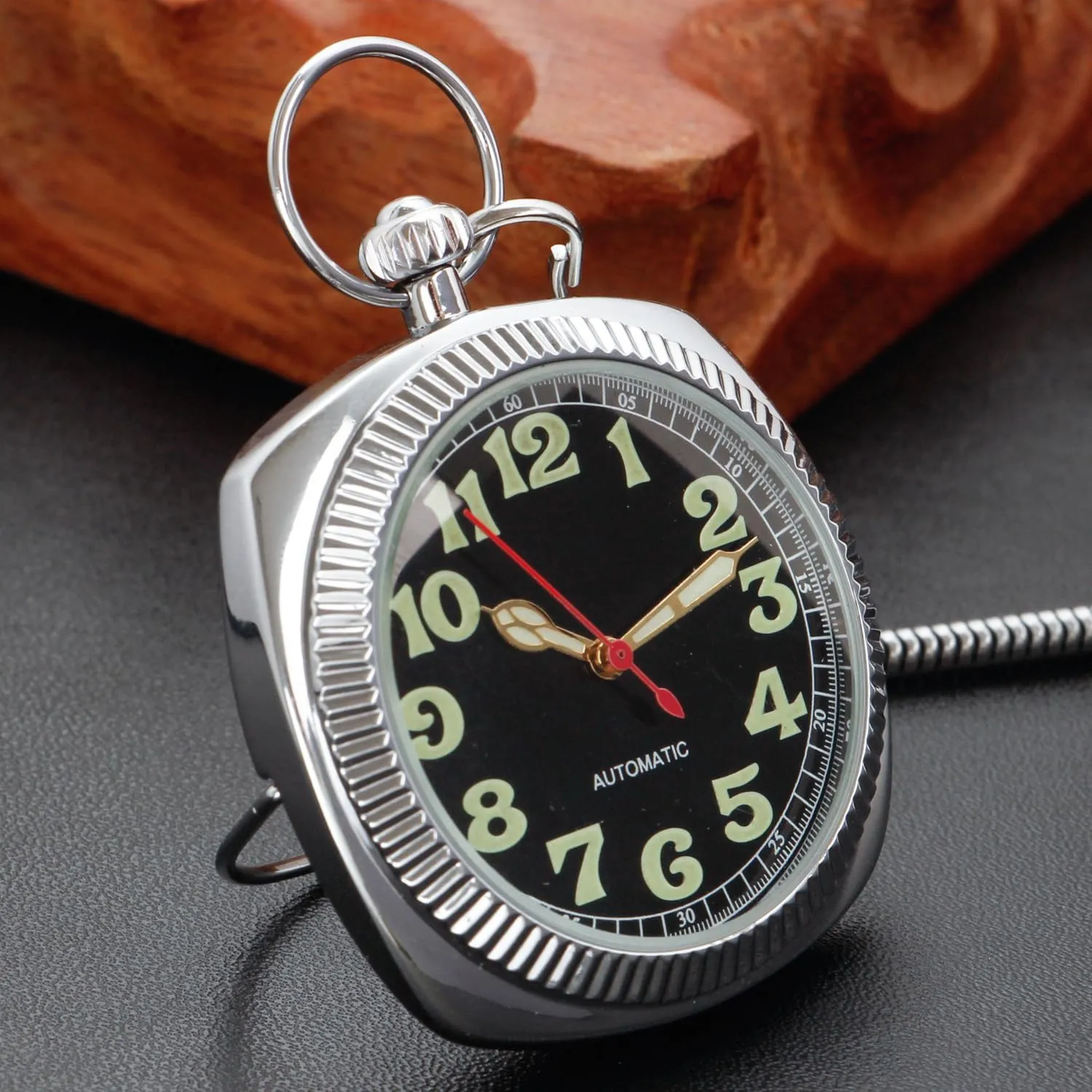 Uncovered Men's Mechanical Pocket Watch with Chain, Uncovered Roman Design Dial Chain Mechanical Pocket Watches for Men