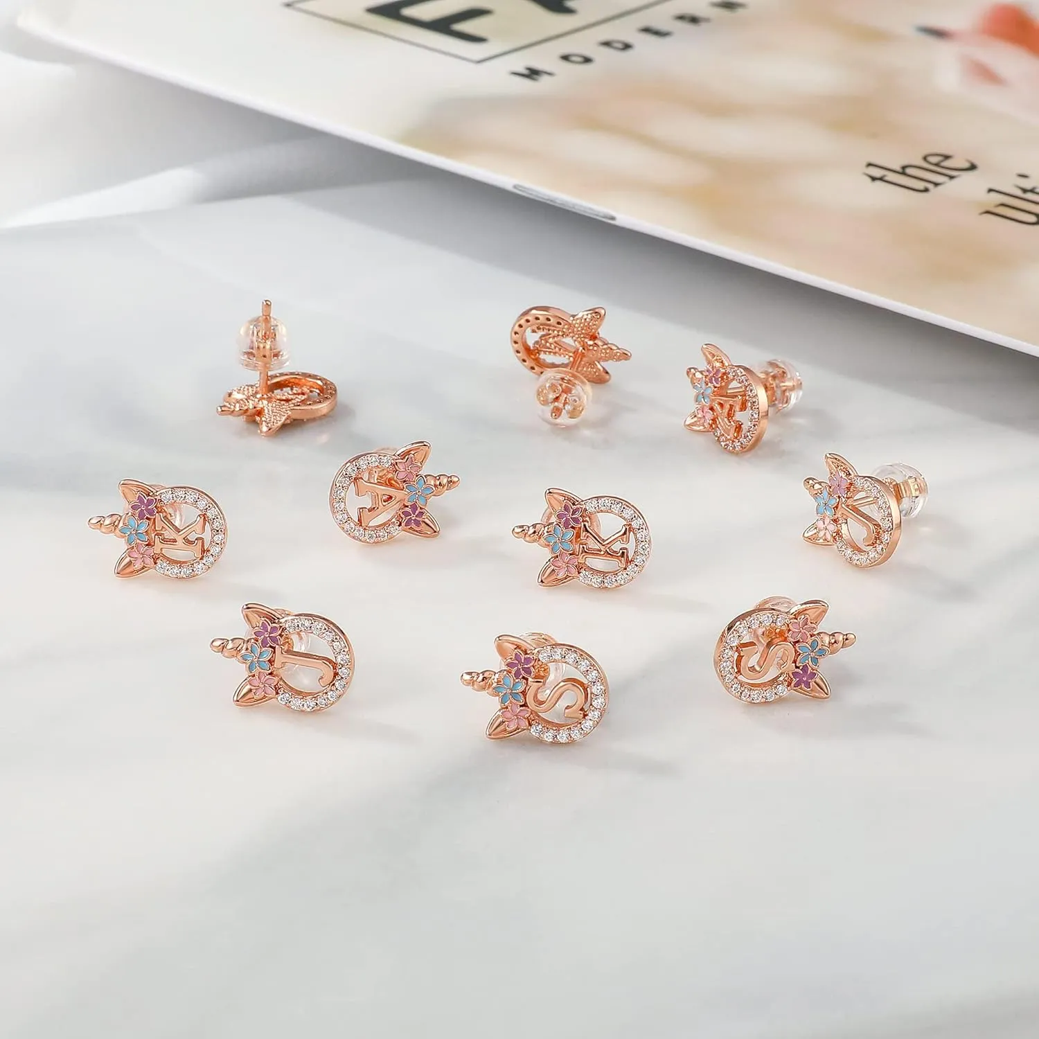 Unicorn Gifts for Girls - 14k Gold/White Gold/Rose Gold Plated Initial Earrings, Sterling Silver Post CZ Jewelry for Birthday