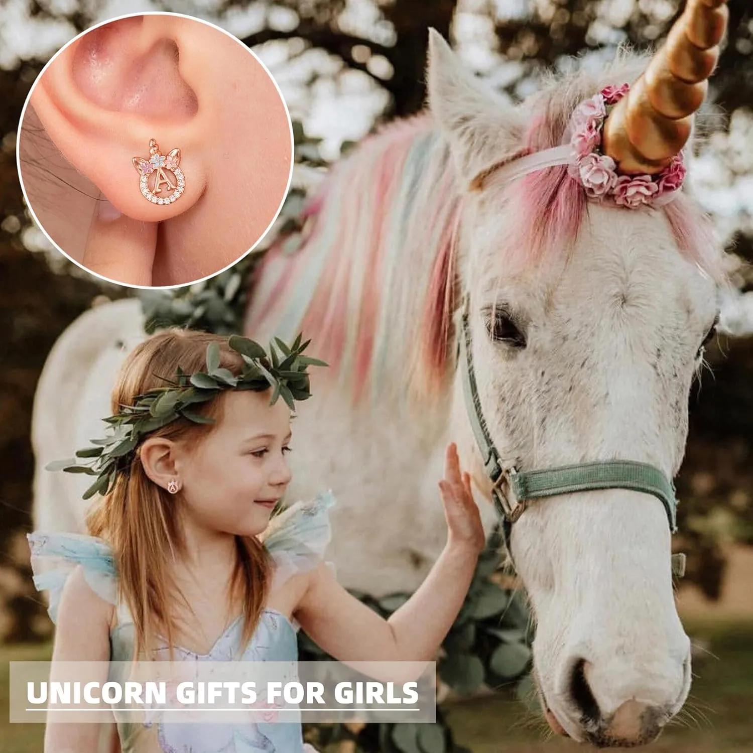 Unicorn Gifts for Girls - 14k Gold/White Gold/Rose Gold Plated Initial Earrings, Sterling Silver Post CZ Jewelry for Birthday