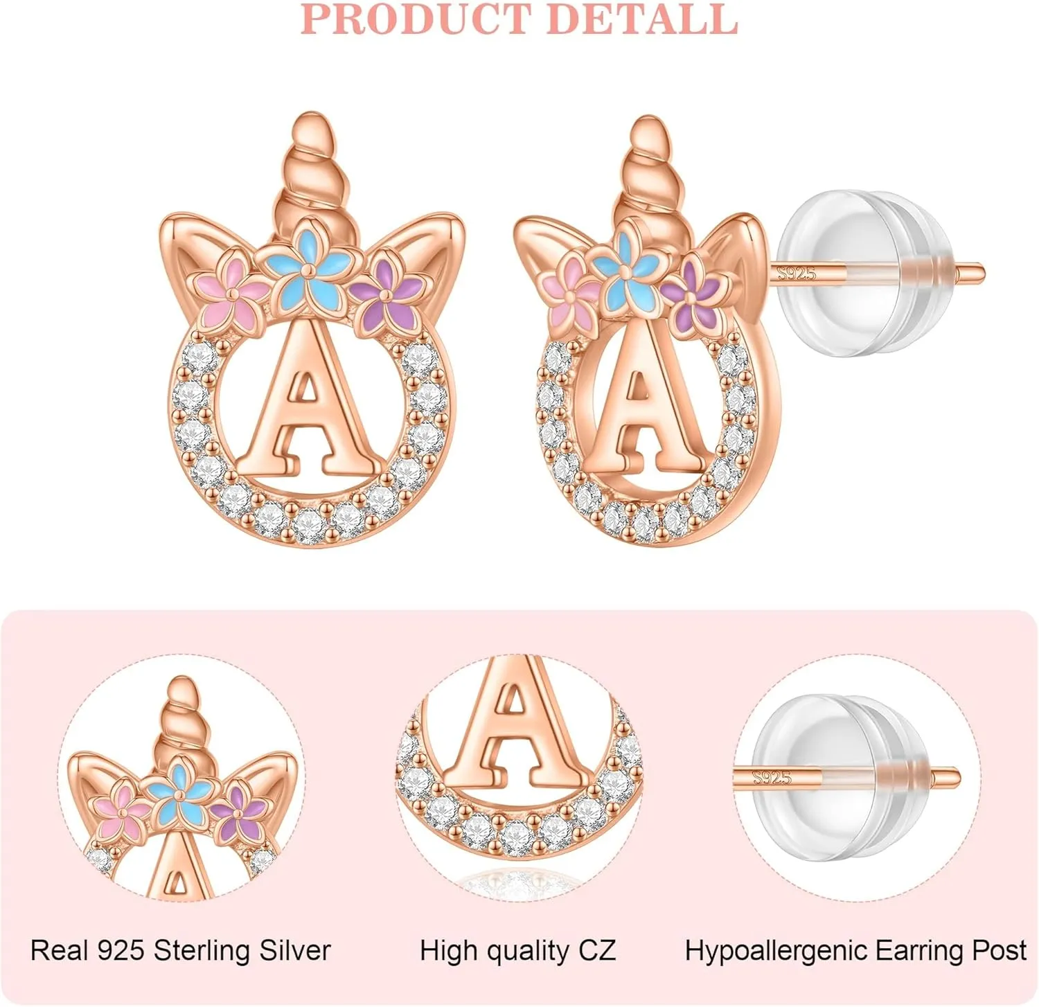 Unicorn Gifts for Girls - 14k Gold/White Gold/Rose Gold Plated Initial Earrings, Sterling Silver Post CZ Jewelry for Birthday