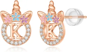 Unicorn Gifts for Girls - 14k Gold/White Gold/Rose Gold Plated Initial Earrings, Sterling Silver Post CZ Jewelry for Birthday