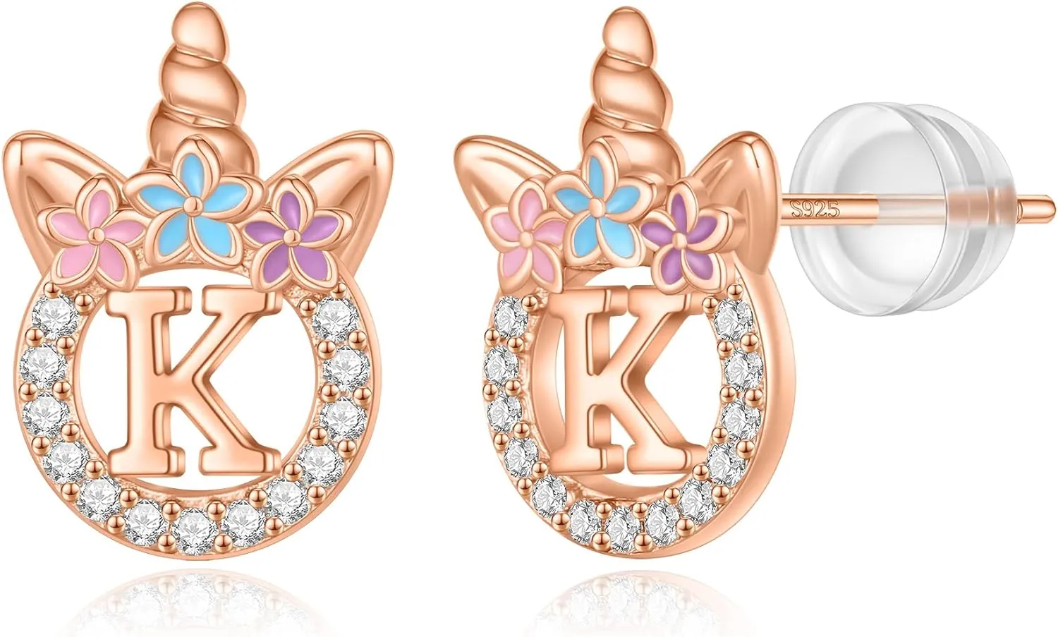 Unicorn Gifts for Girls - 14k Gold/White Gold/Rose Gold Plated Initial Earrings, Sterling Silver Post CZ Jewelry for Birthday