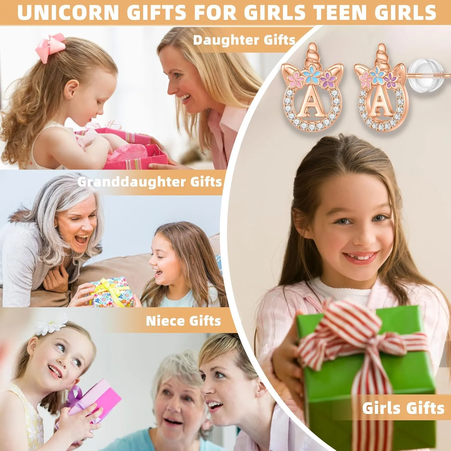 Unicorn Gifts for Girls - 14k Gold/White Gold/Rose Gold Plated Initial Earrings, Sterling Silver Post CZ Jewelry for Birthday