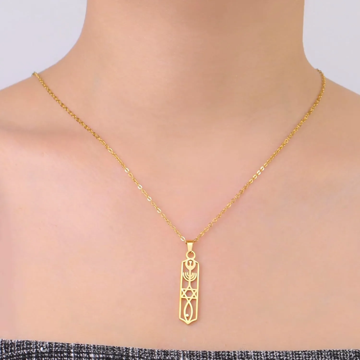 UNIFT Hanukkah Menorah Star of David Necklace Stainless Steel for Women Messianic Seal Mezuzah Jewish Star Candlestick Pendant Necklaces Faith Religious Jewelry Gifts