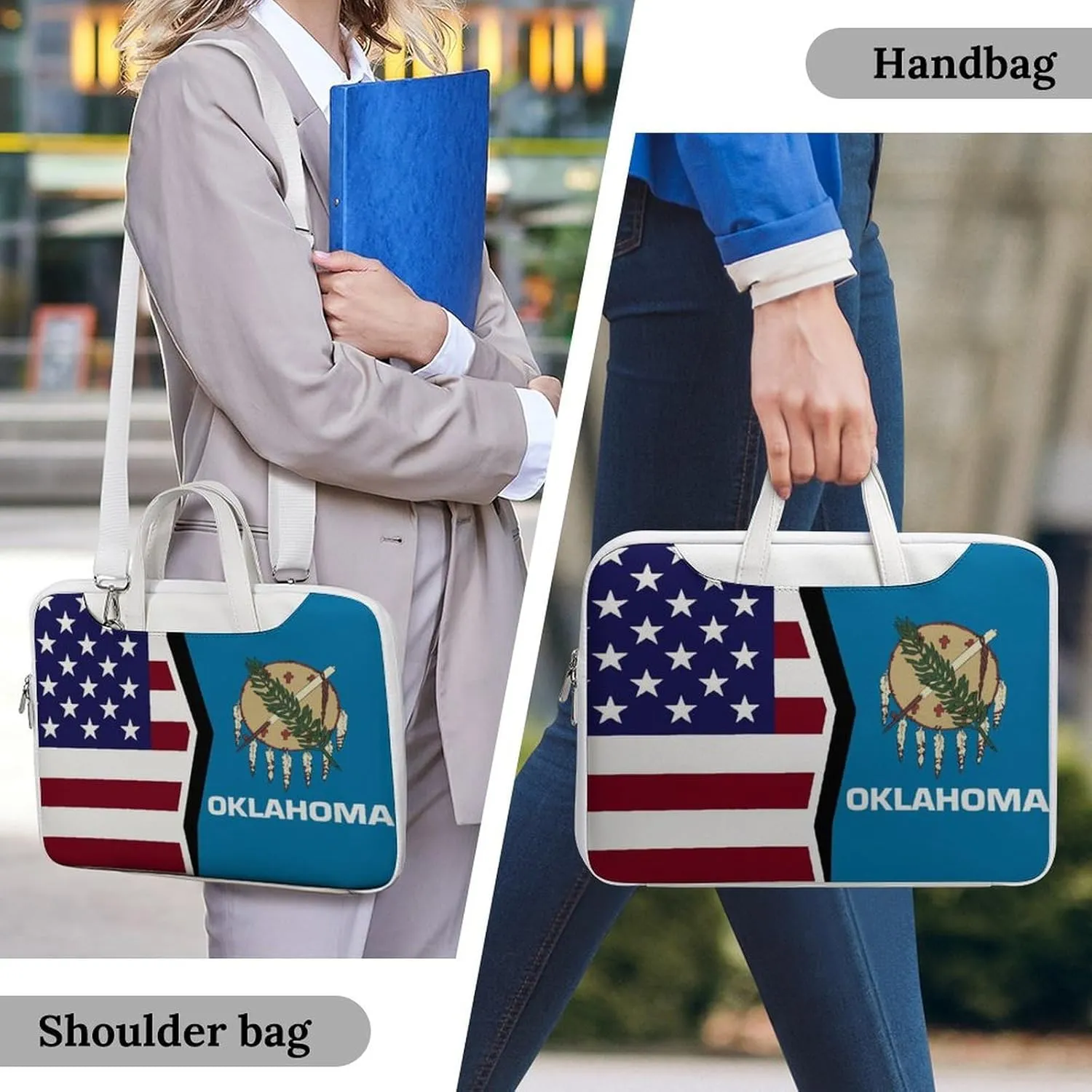U.S.A And Oklahoma State Flag Leather Bag Laptop Case Slim Water Resistant Computer Bags with Handle Briefcase for Work