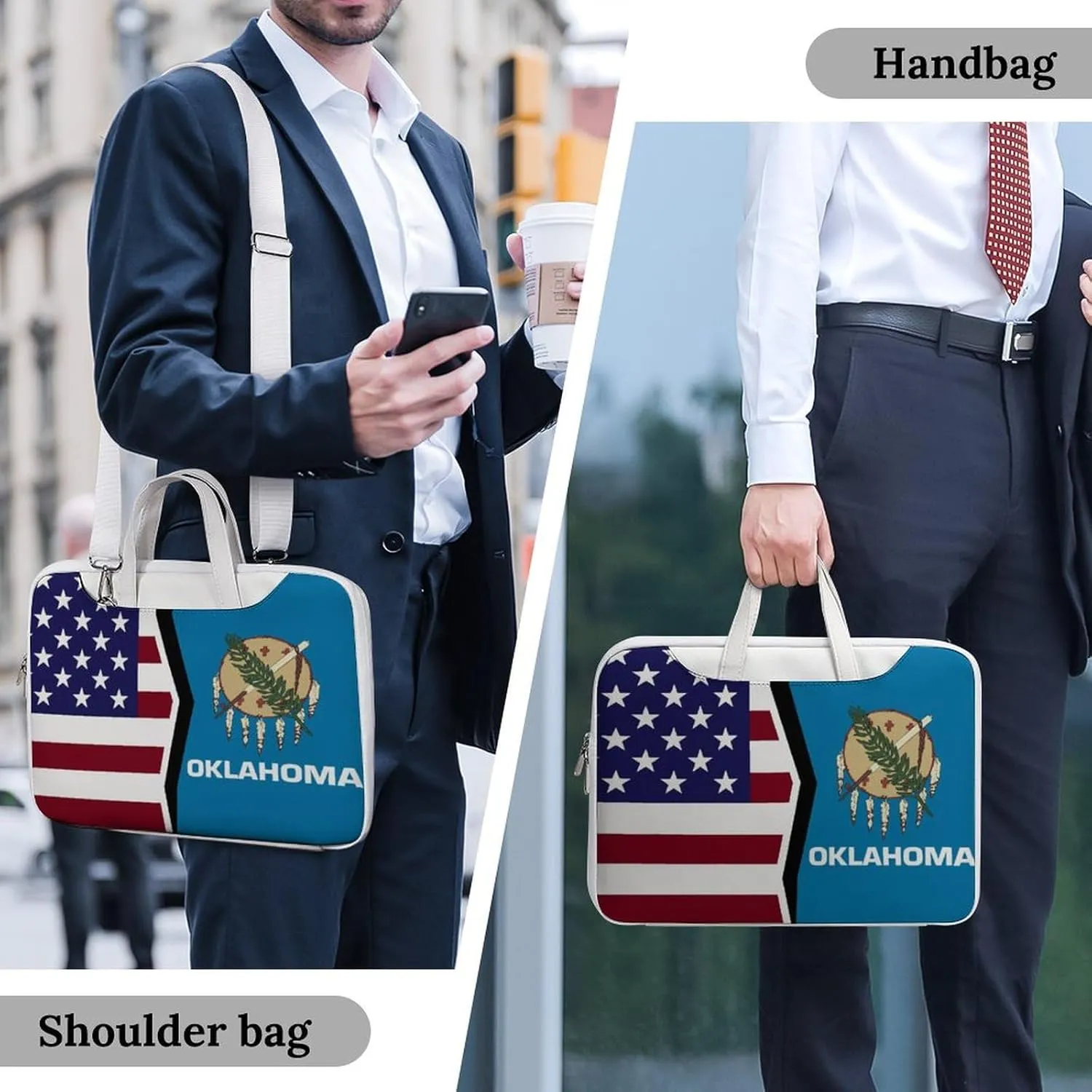 U.S.A And Oklahoma State Flag Leather Bag Laptop Case Slim Water Resistant Computer Bags with Handle Briefcase for Work