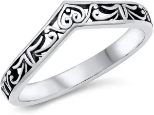 V Shaped Filigree 925 Sterling Silver, Open Cut Ring with Jewelry Box