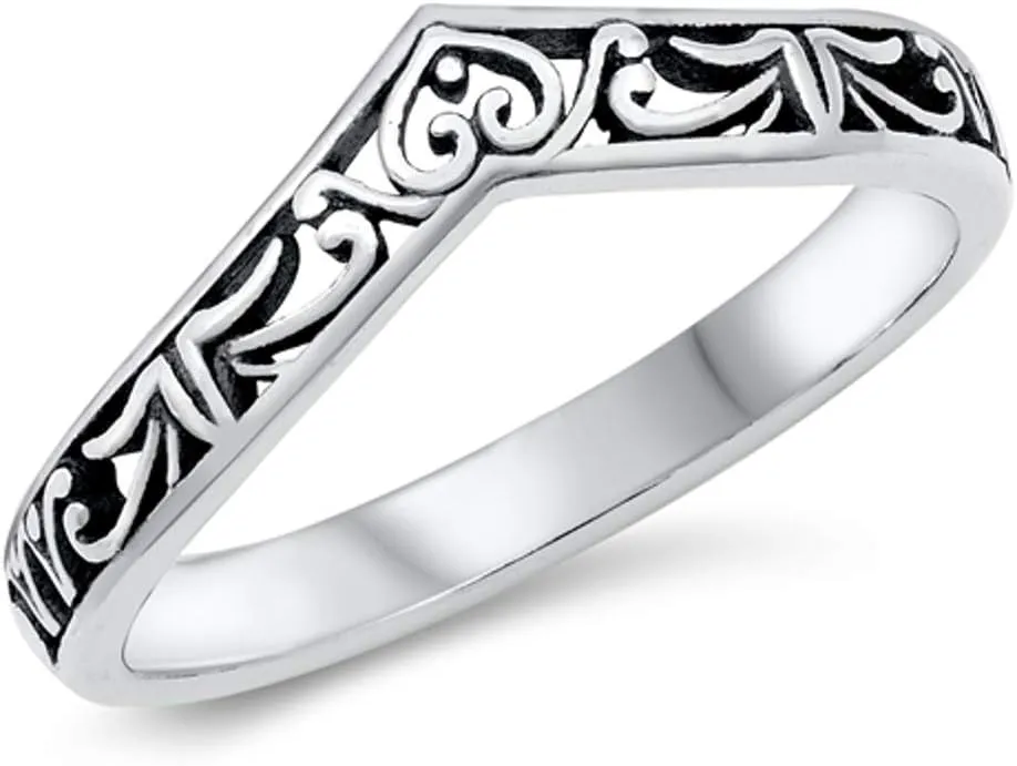 V Shaped Filigree 925 Sterling Silver, Open Cut Ring with Jewelry Box