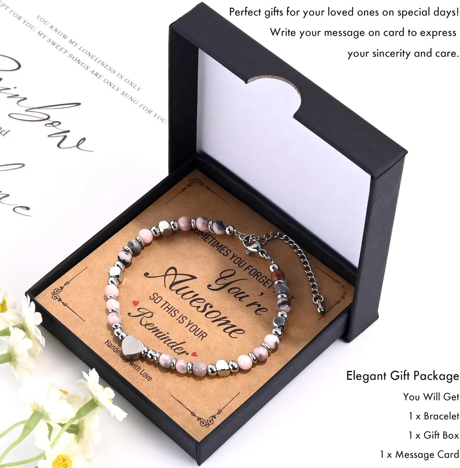 VIBILIA Beaded Bracelets for Women, Inspirational Heart Bracelets for Women, Natural Gemstone Love Bracelets, Unique Gifts for Mom, Daughter, Wife, Sister, Friend Birthday Mother's Day