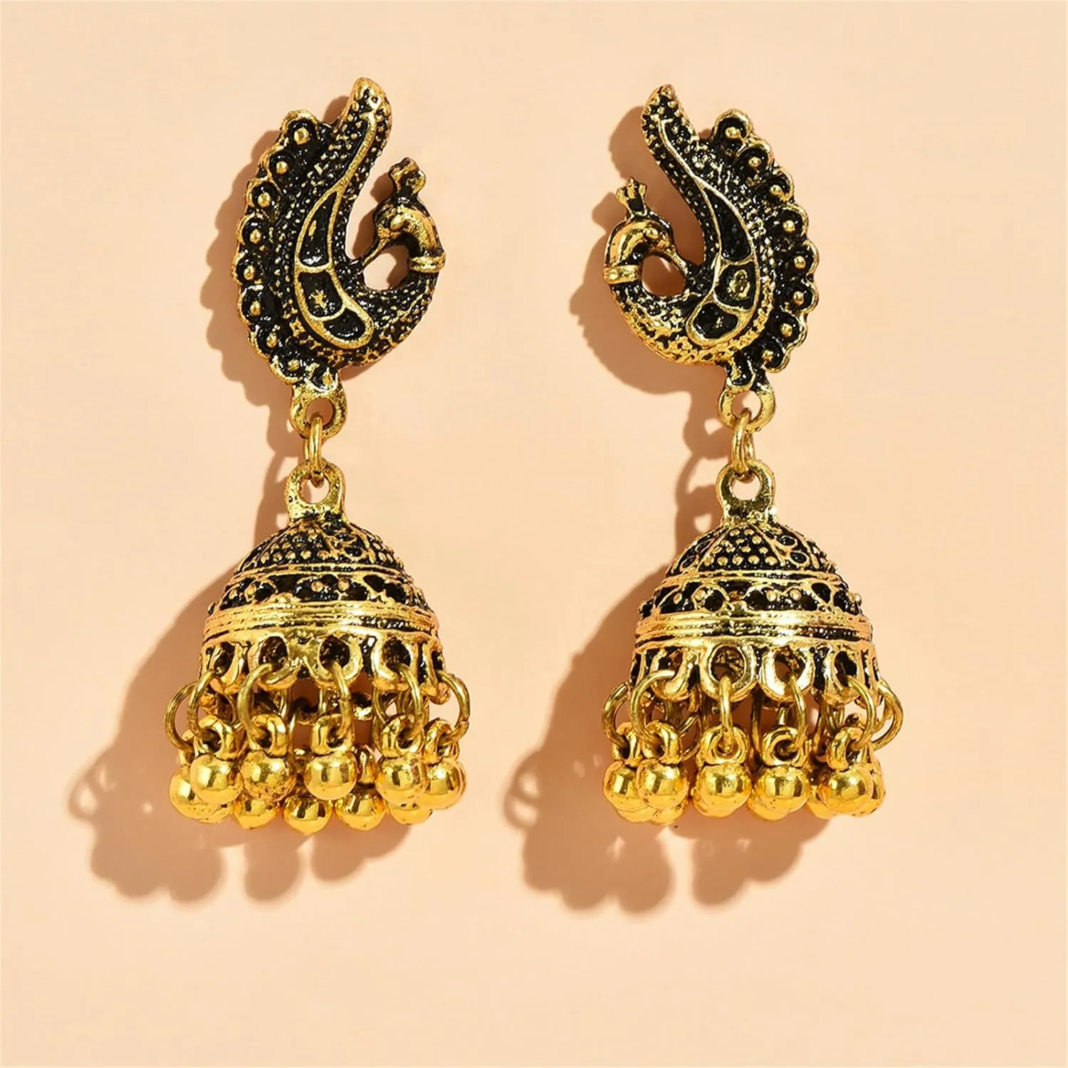 Vintage Bell Tassel Indian Earrings Gold Silver Plated Boho Handmade Antique Bollywood Gypsy Tibetan Jhumka Peacock Dangle Drop Earrings for Women Ethnic Style Traditional Jewelry Gifts