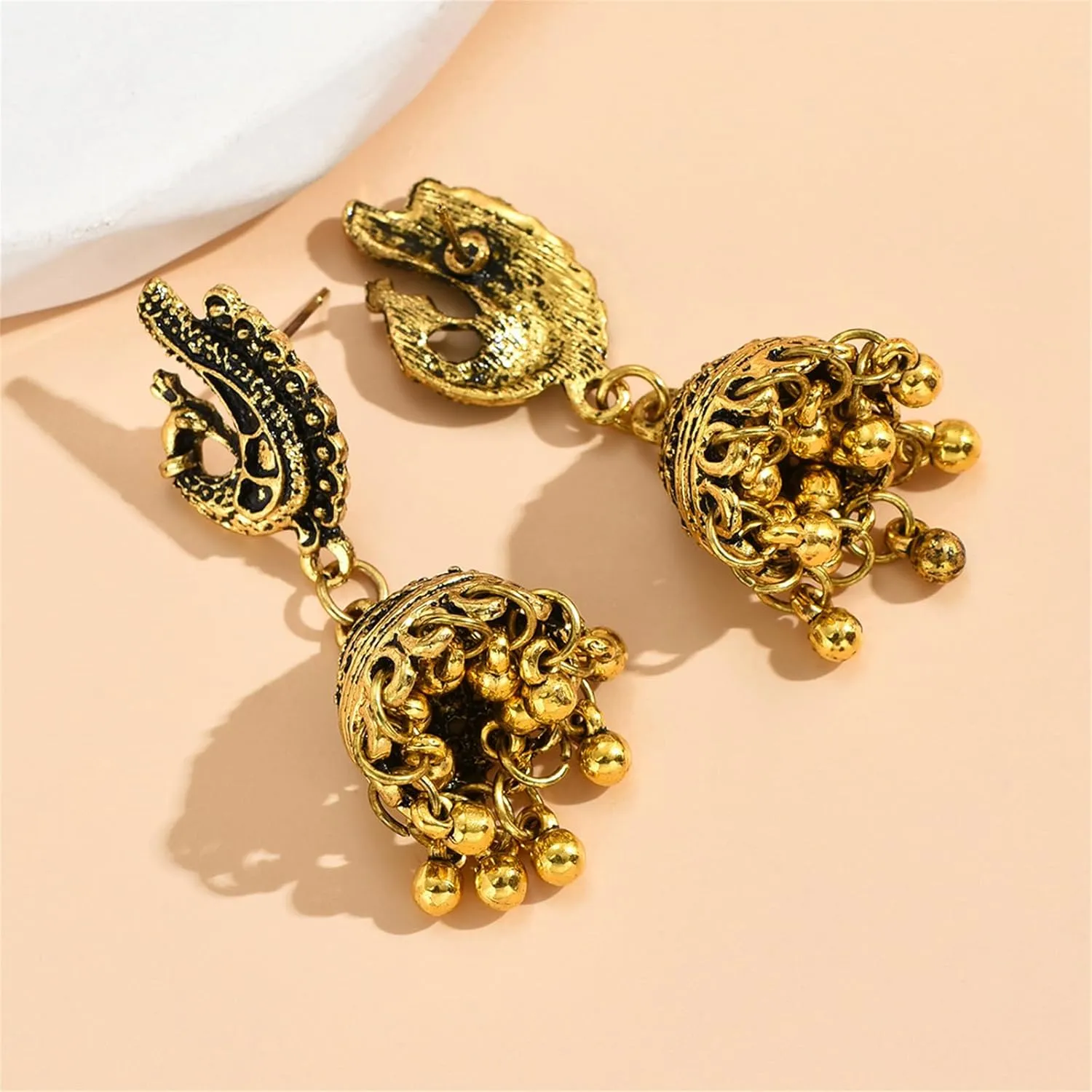 Vintage Bell Tassel Indian Earrings Gold Silver Plated Boho Handmade Antique Bollywood Gypsy Tibetan Jhumka Peacock Dangle Drop Earrings for Women Ethnic Style Traditional Jewelry Gifts