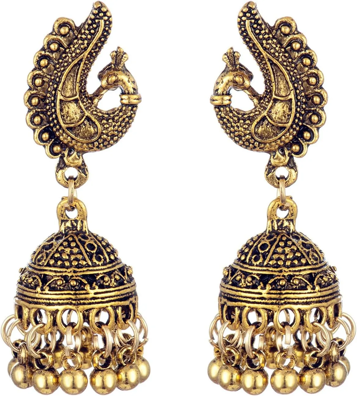 Vintage Bell Tassel Indian Earrings Gold Silver Plated Boho Handmade Antique Bollywood Gypsy Tibetan Jhumka Peacock Dangle Drop Earrings for Women Ethnic Style Traditional Jewelry Gifts