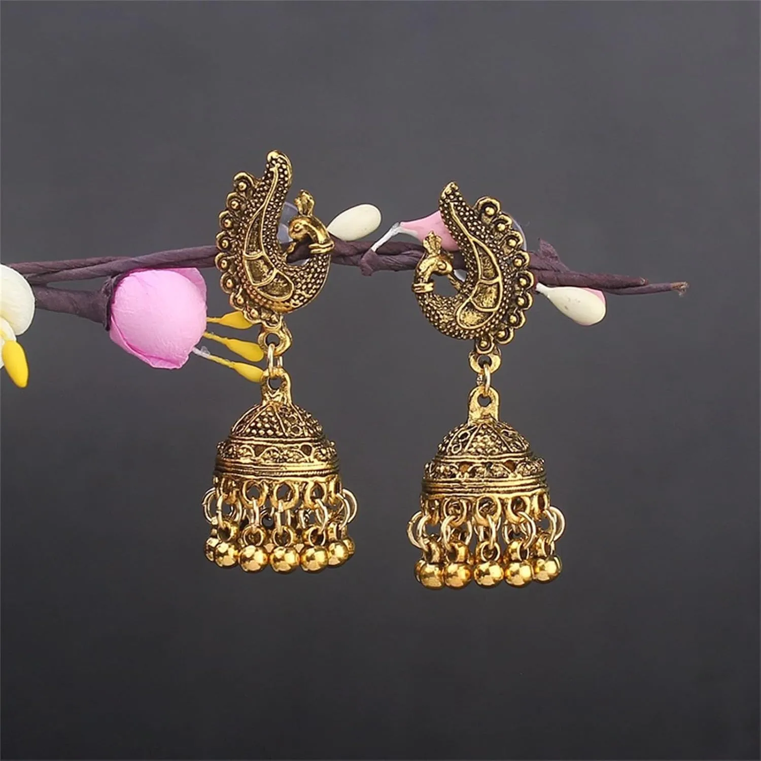 Vintage Bell Tassel Indian Earrings Gold Silver Plated Boho Handmade Antique Bollywood Gypsy Tibetan Jhumka Peacock Dangle Drop Earrings for Women Ethnic Style Traditional Jewelry Gifts