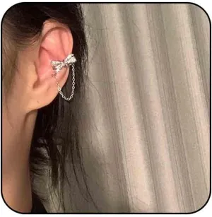 Vintage Crystal Bow Ear Cuff Earrings Link Chain Tassel Cuff Earrings Rhinestone Bow Cuff Wrap Earrings Silver CZ Bowkont Earrings Jewelry