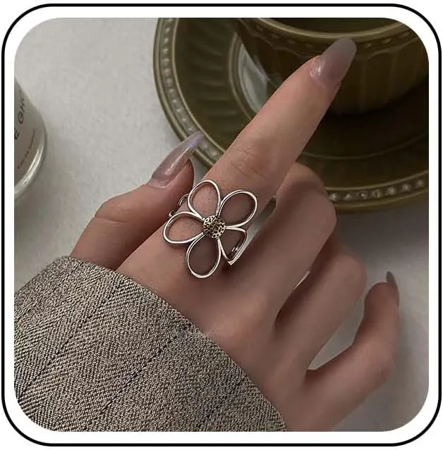 Vintage Daisy Flower Rings Silver Adjustable Open Ring Large Flower Hollow Ring Adjustable Knuckle Finger Rings Jewelry for Women