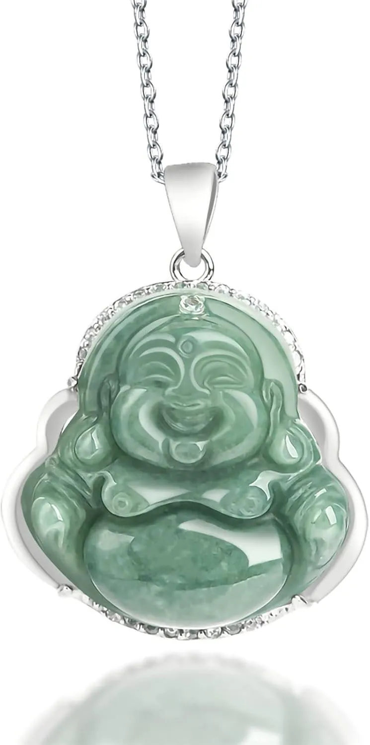 Vintage Natural Green Jade 925 Silver Inlay Buddha Pendant Necklaces for Women, Fashion Good Luck Amulet Jewelry Silver Chain Charm Necklaces for Gifts