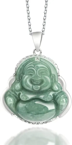 Vintage Natural Green Jade 925 Silver Inlay Buddha Pendant Necklaces for Women, Fashion Good Luck Amulet Jewelry Silver Chain Charm Necklaces for Gifts
