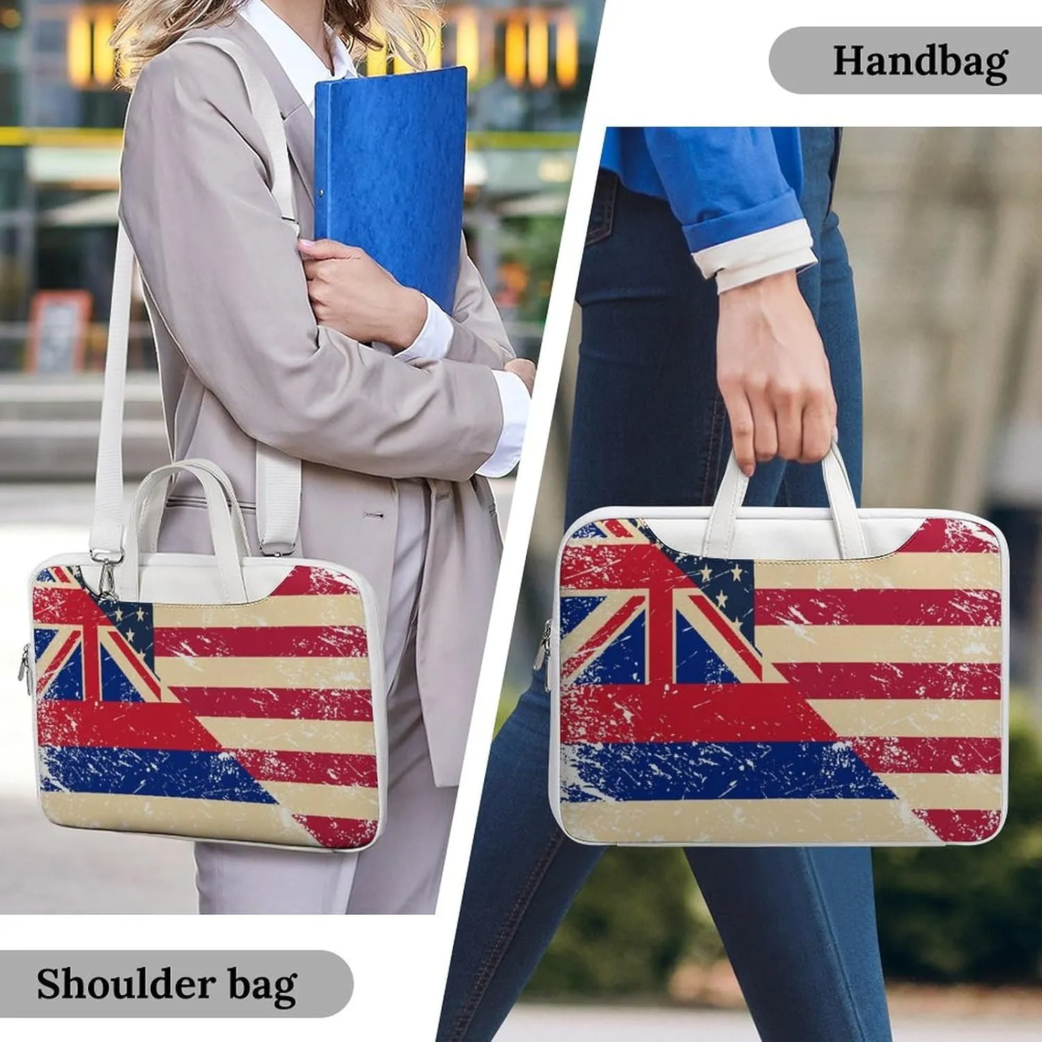 Vintage U.S.A And Hawaii State Flag Leather Bag Laptop Case Slim Water Resistant Computer Bags with Handle Briefcase for Work