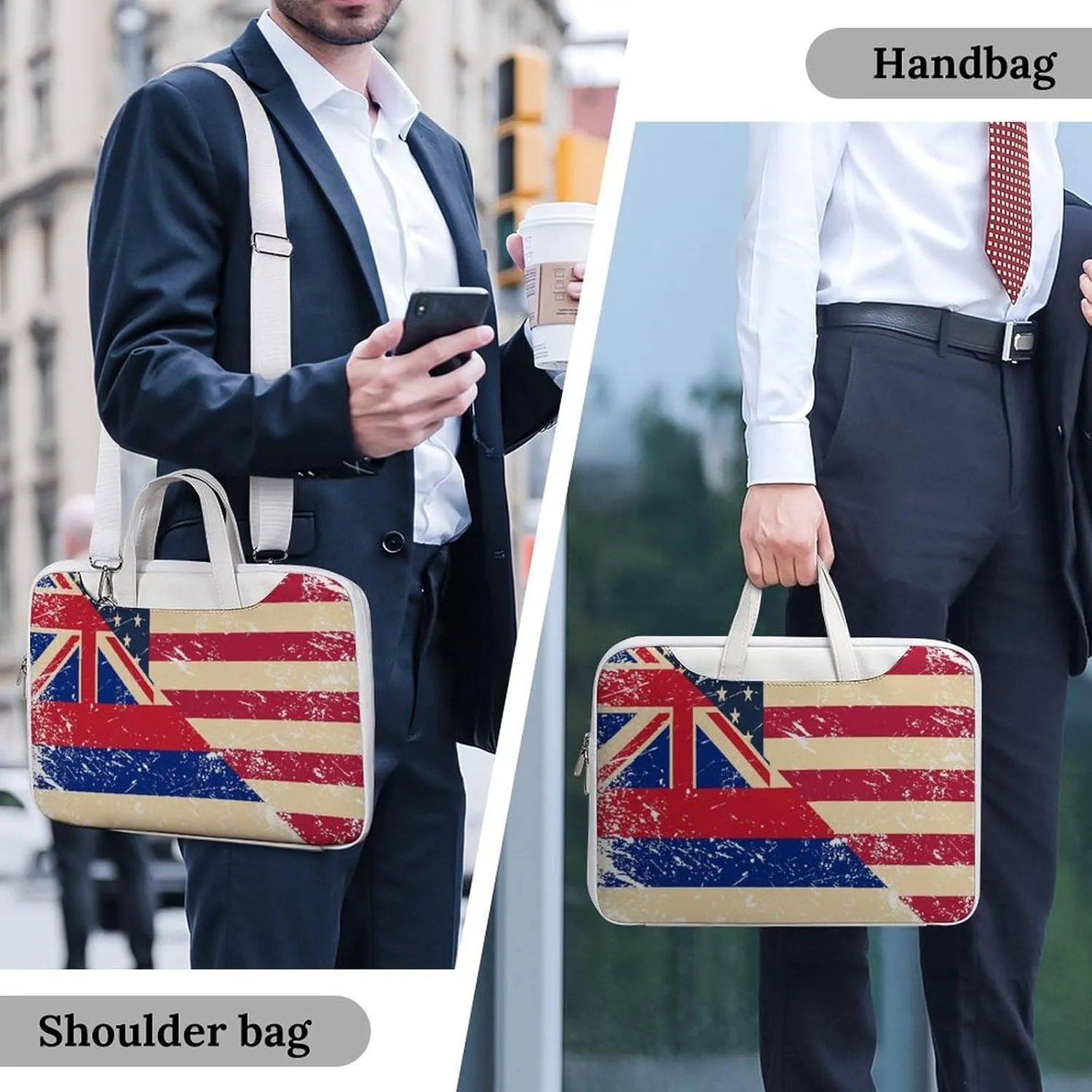Vintage U.S.A And Hawaii State Flag Leather Bag Laptop Case Slim Water Resistant Computer Bags with Handle Briefcase for Work