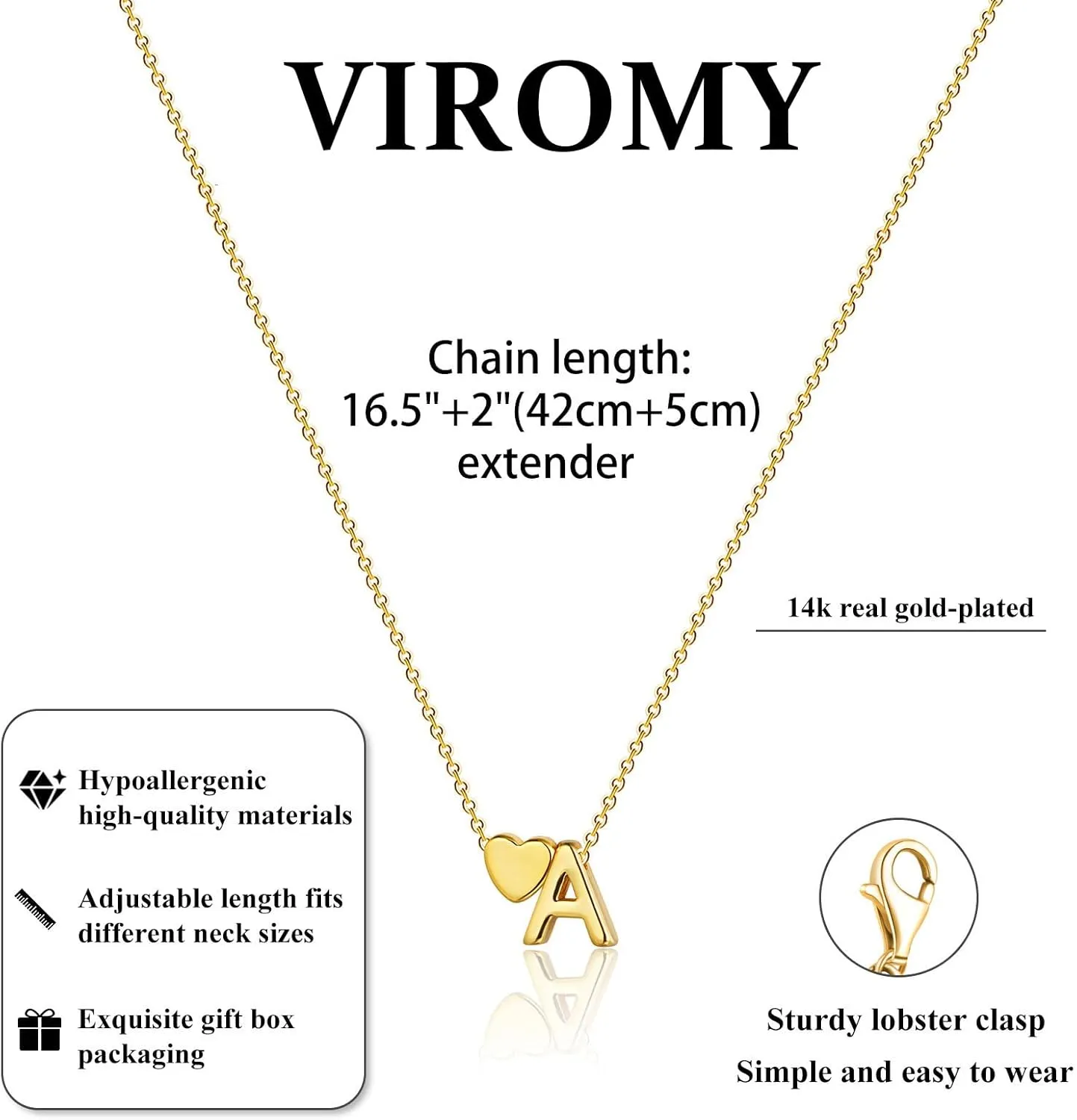 VIROMY Gold Initial Necklaces for Women 14K Gold Plated Dainty Heart Letter A-Z Personalized Initial Heart Pendant Necklace Tiny Letter Name Necklaces Jewelry for Women