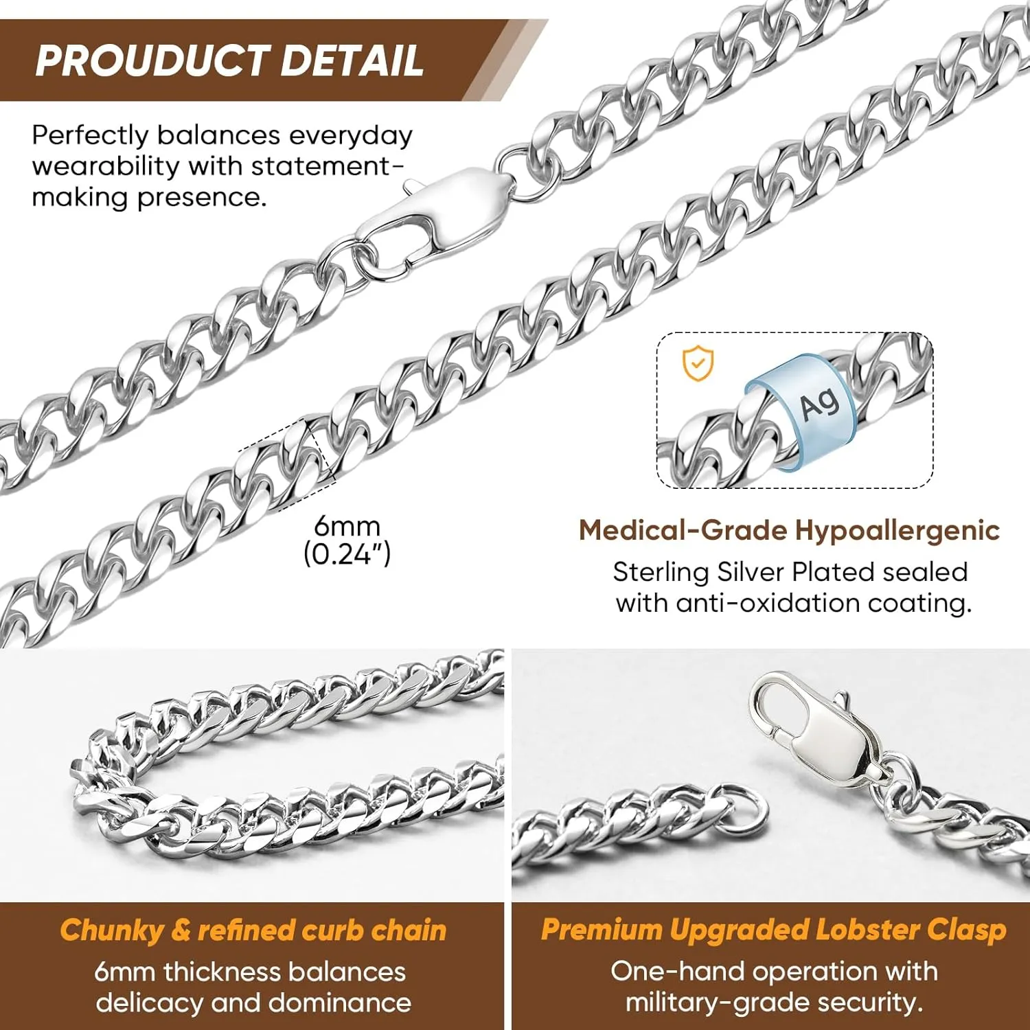 VNOX 6mm Cuaban Necklace for Men - Mens Women Sterling Silver Plated Chain Solid 6mm Diamond Cut Curb Cuban Link Chains,18/20/22/24/26/28/30 Inch,Jewelry Gifts for Men