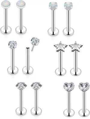 Vsnnsns 16G 18G 20G Threadless Push in Lip Rings Stainless Steel Flat Back Nose Rings Studs Tragus Helix Conch Cartilage Lobe Earrings Stud Piercing Jewelry for Women Men Diamond CZ Opal 6 Pairs