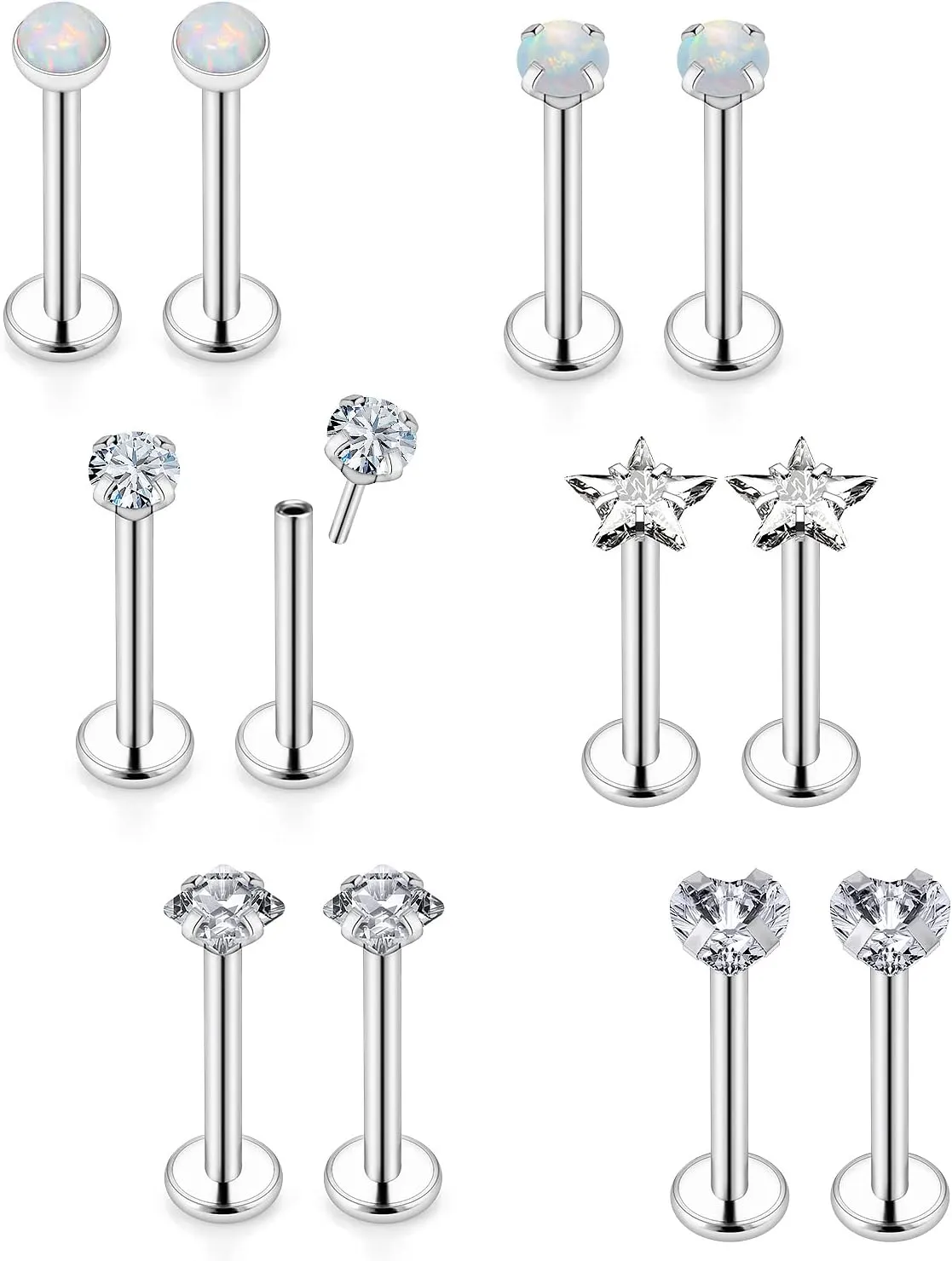 Vsnnsns 16G 18G 20G Threadless Push in Lip Rings Stainless Steel Flat Back Nose Rings Studs Tragus Helix Conch Cartilage Lobe Earrings Stud Piercing Jewelry for Women Men Diamond CZ Opal 6 Pairs