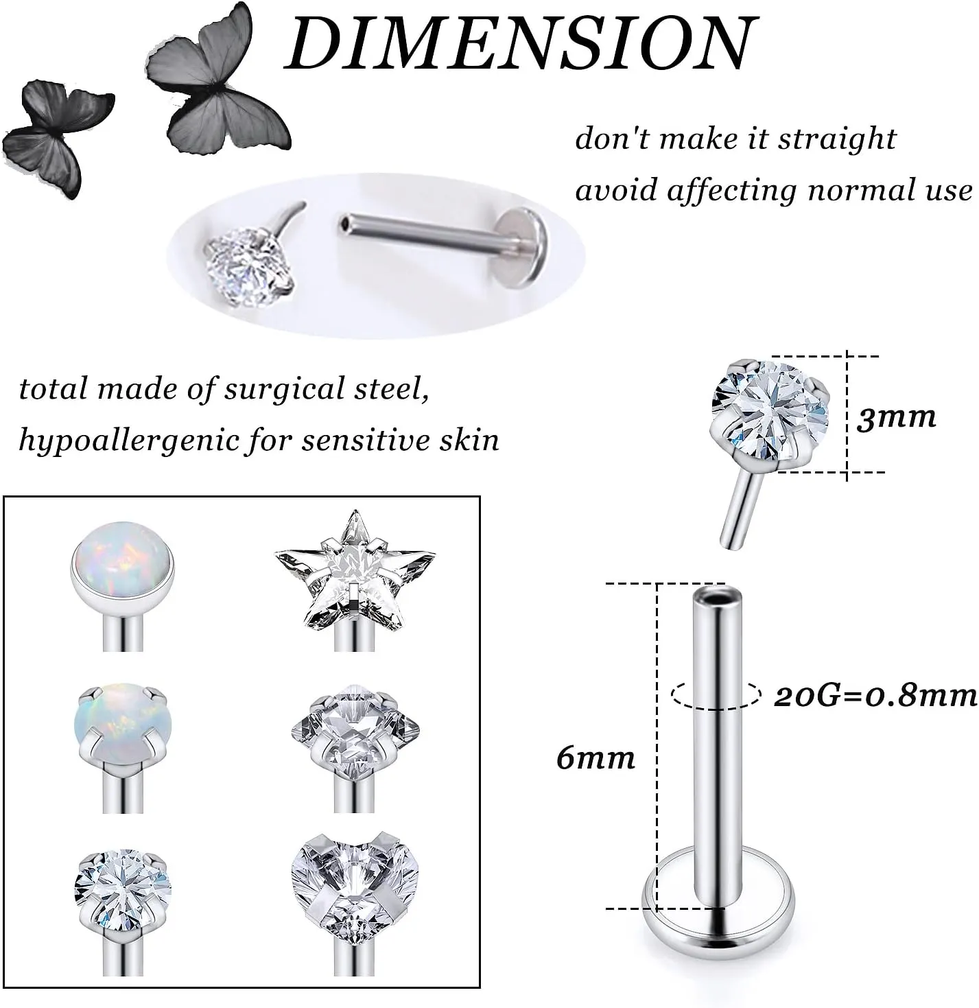Vsnnsns 16G 18G 20G Threadless Push in Lip Rings Stainless Steel Flat Back Nose Rings Studs Tragus Helix Conch Cartilage Lobe Earrings Stud Piercing Jewelry for Women Men Diamond CZ Opal 6 Pairs