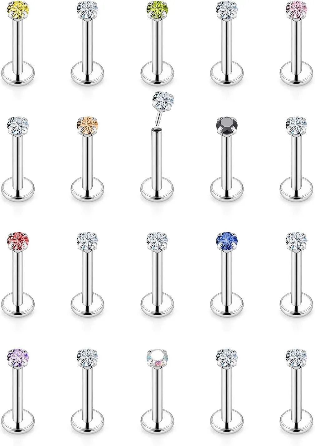 Vsnnsns 16G 18G 20G Threadless Push in Lip Rings Stainless Steel Flat Back Nose Rings Studs Tragus Helix Conch Cartilage Lobe Earrings Stud Piercing Jewelry for Women Men Diamond CZ Silver 20PCS