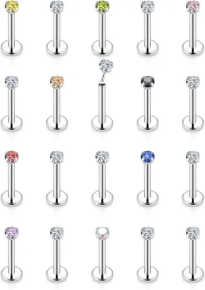 Vsnnsns 16G 18G 20G Threadless Push in Lip Rings Stainless Steel Flat Back Nose Rings Studs Tragus Helix Conch Cartilage Lobe Earrings Stud Piercing Jewelry for Women Men Diamond CZ Silver 20PCS