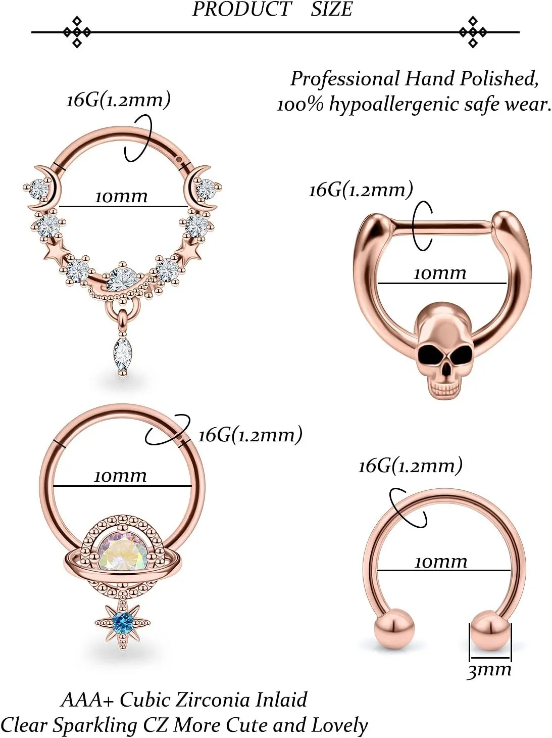Vsnnsns 16G Septum Rings Piercing Jewelry 316L Stainless Surgical Steel Skull Flower Dangle Clicker Horseshoe Septum Nose Rings Hoop Piercing Jewelry for Women Men Silver Black Rose Gold 10mm