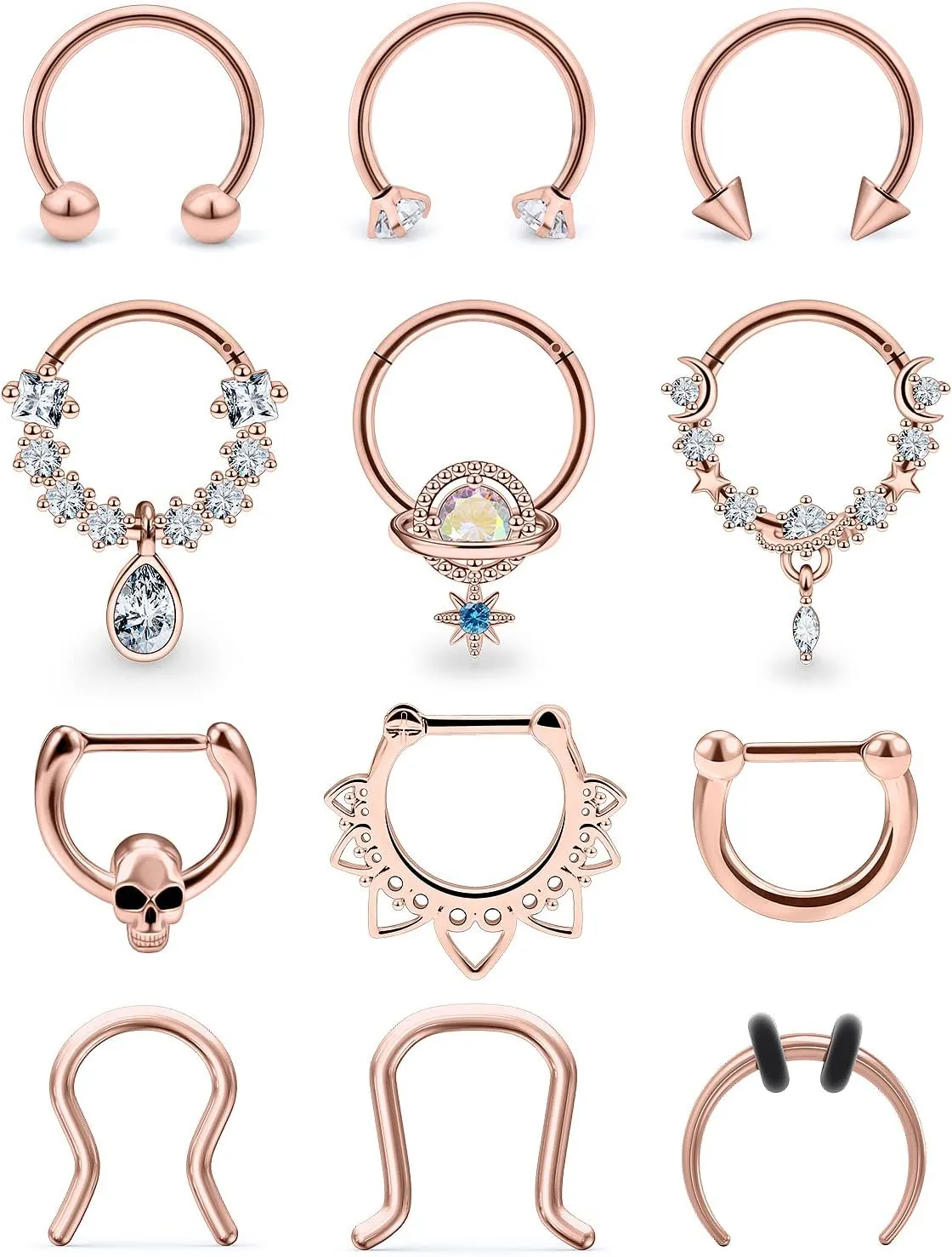 Vsnnsns 16G Septum Rings Piercing Jewelry 316L Stainless Surgical Steel Skull Flower Dangle Clicker Horseshoe Septum Nose Rings Hoop Piercing Jewelry for Women Men Silver Black Rose Gold 10mm