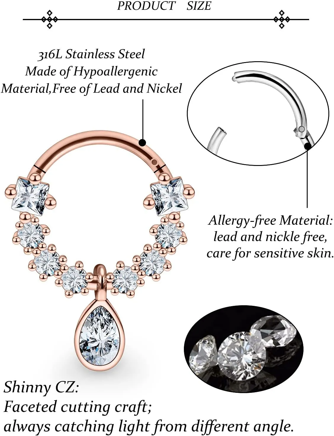 Vsnnsns 16G Septum Rings Piercing Jewelry 316L Stainless Surgical Steel Skull Flower Dangle Clicker Horseshoe Septum Nose Rings Hoop Piercing Jewelry for Women Men Silver Black Rose Gold 10mm