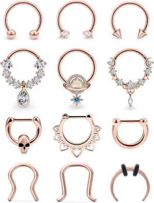 Vsnnsns 16G Septum Rings Piercing Jewelry 316L Stainless Surgical Steel Skull Flower Dangle Clicker Horseshoe Septum Nose Rings Hoop Piercing Jewelry for Women Men Silver Black Rose Gold 10mm